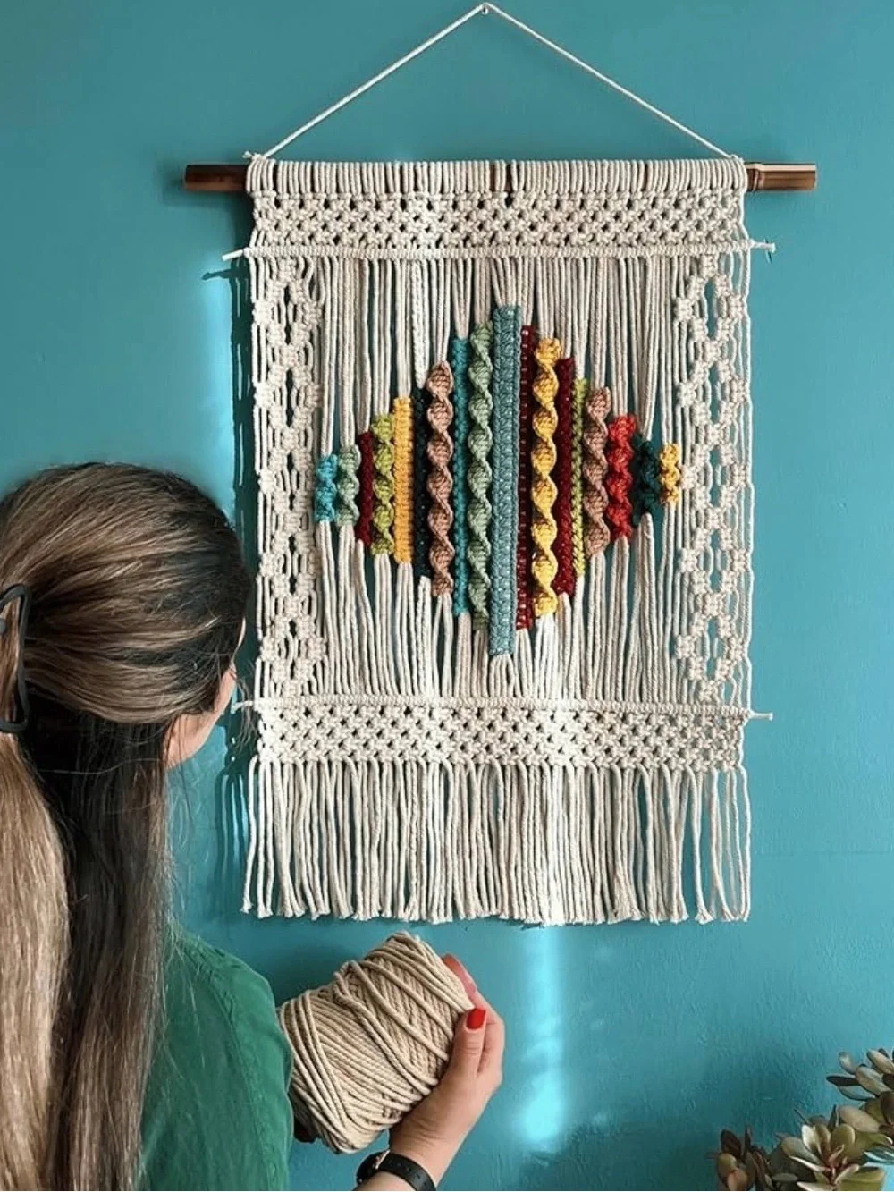 Handmade Macrame Wall Hanging with Multicolor Center